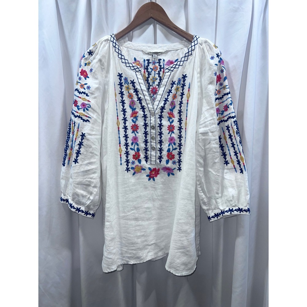John Mark White 100% Linen Embroidered Floral Boho Tunic Blouse XL Womens